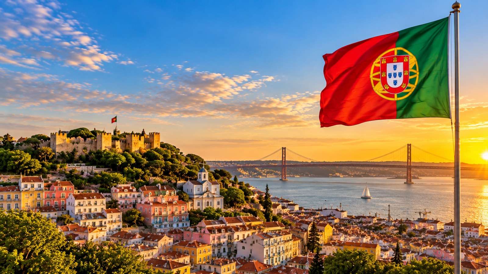 Vista panorâmica de Lisboa com a bandeira de Portugal