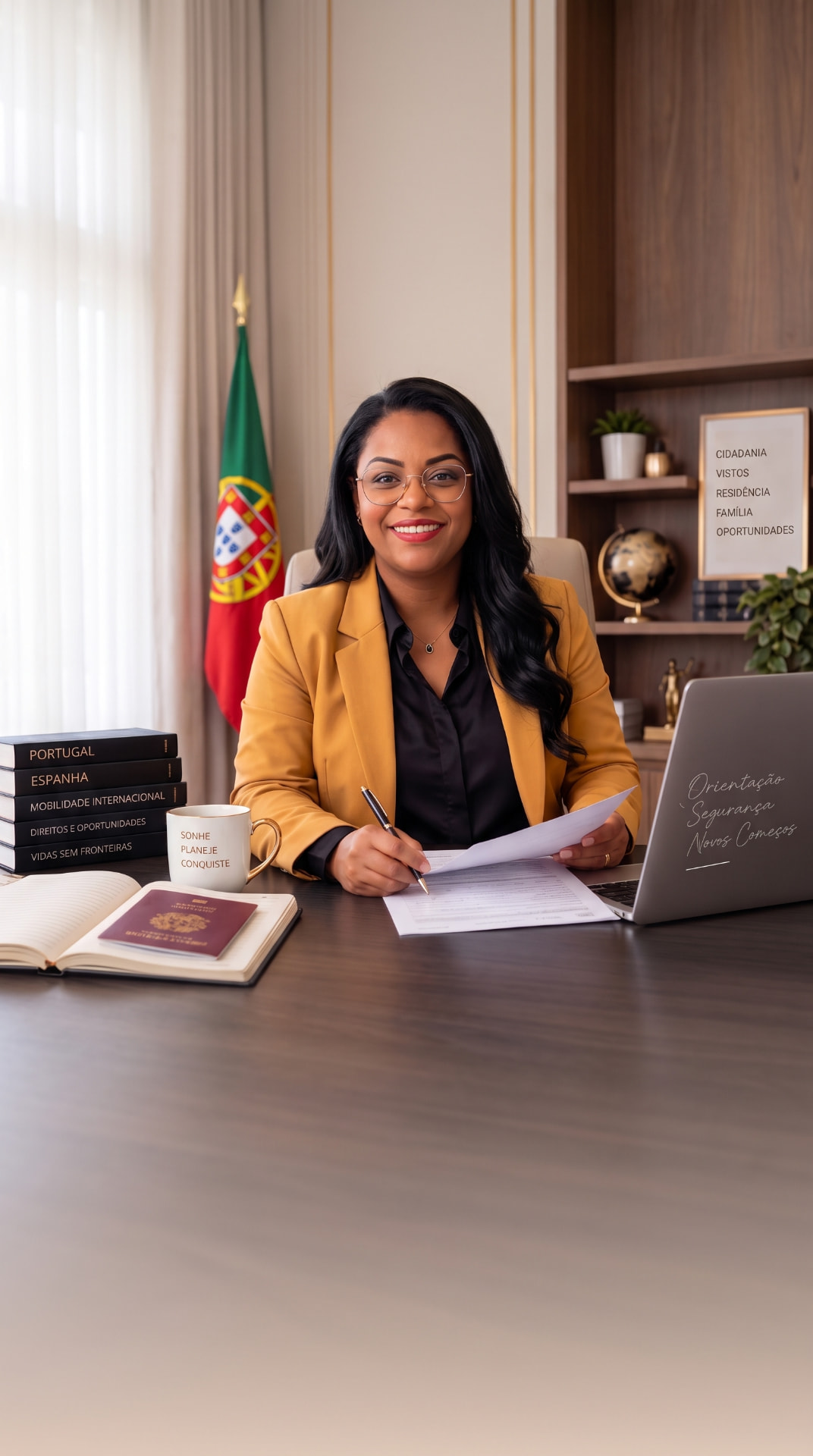 Angelina Sara Anowick atendendo em seu escritório, com a bandeira de Portugal, passaporte e materiais de trabalho